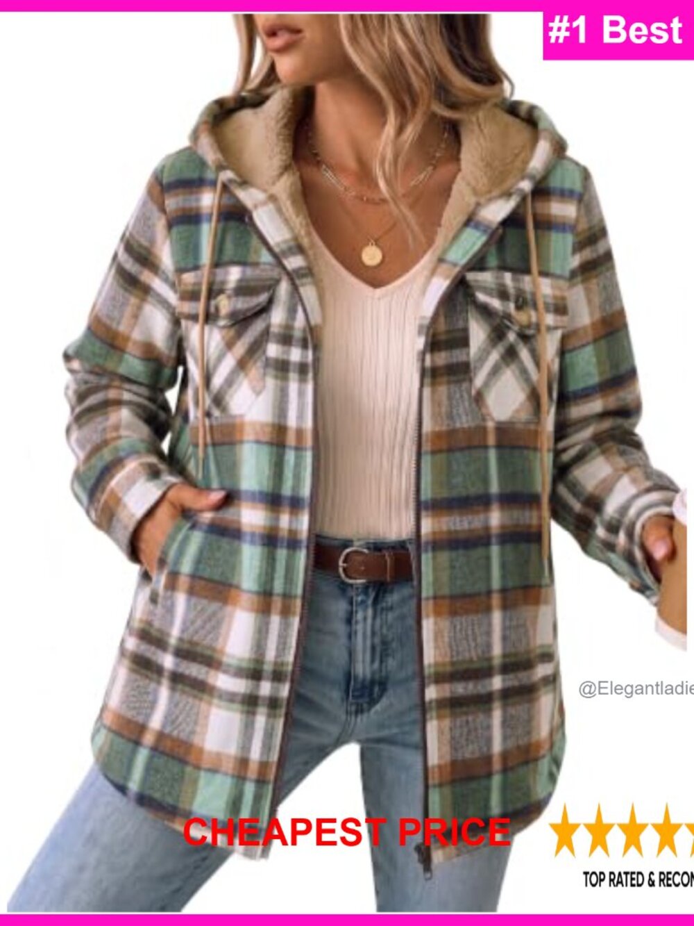 Womens Fleece Lined Plaid Flannel Shacket Hooded Zip Winter Coat Jacket